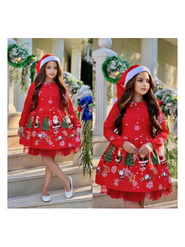 Детска официална коледна рокля с дълъг ръкав в червено с коледна шапка