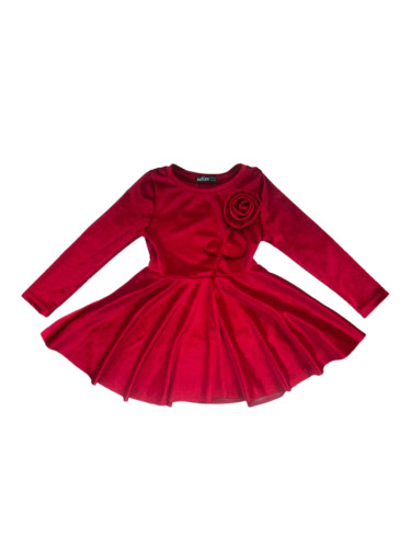 Детска плюшена рокля клош в червено с дълъг ръкав с цвете от плюш