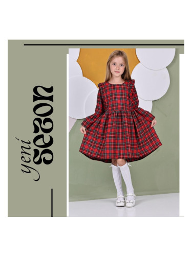 Детска рокля с дълъг ръкав в каре с къдрички Карена