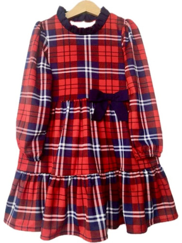 Детска рокля Карена с дълъг ръкав в червено каре с панделка в тъмноси