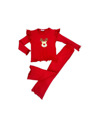 Коледен детски комплект за момиче в червено от блузка и панталонче с к