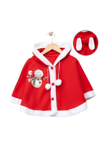 Коледна пелерина в червено и бяло за момиче с качулка
