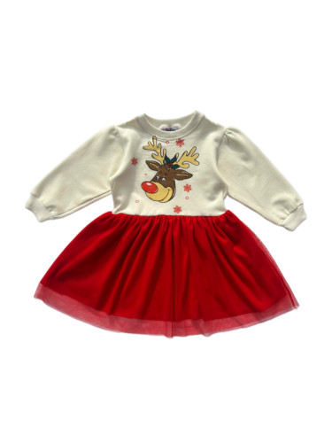 Детска ватирана рокля в екрю с картинка на еленче и червен тюл