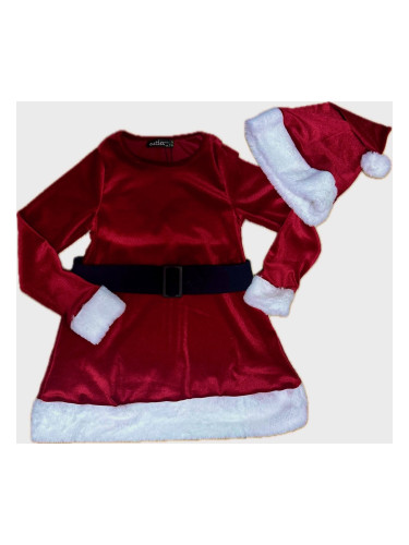 Детска коледна рокля в червено с колан Каролин и коледна шапка