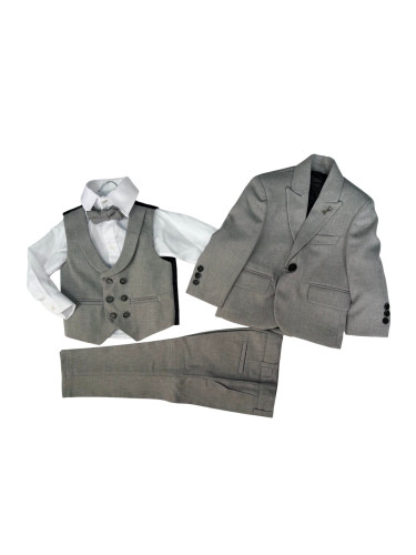 Официален детски костюм за момче от 5 части в сиво от риза в бяло, сак