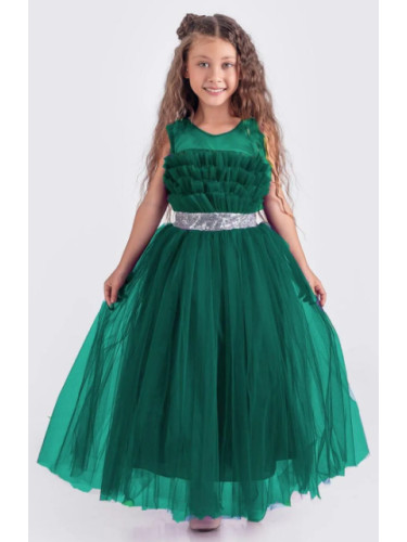 Детска официална дълга рокля Мирела в зелено с богат тюл и сребърен ко