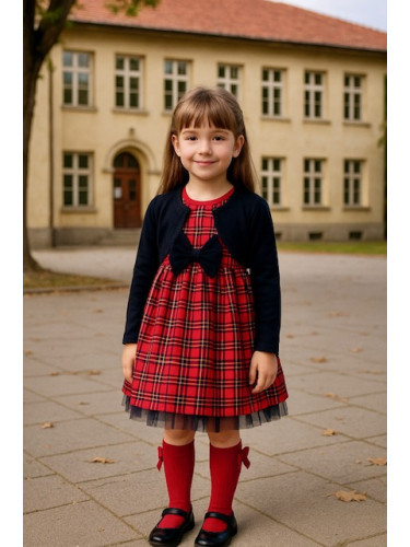 Детски комплект за момиче от рокля в каре с панделка и болеро в тъмнос