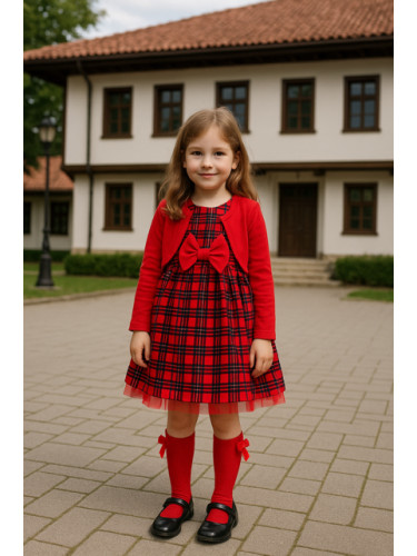 Детски комплект Карена за момиче от рокля в каре с панделка и болеро в