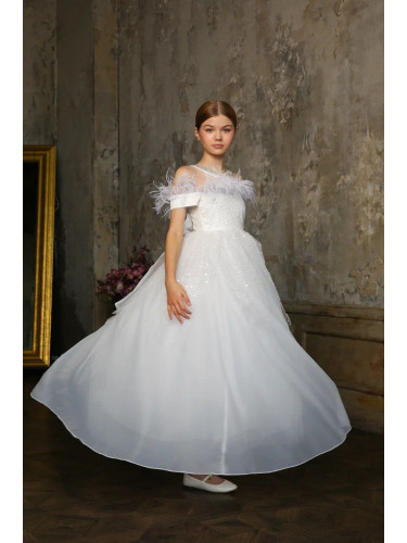 Официална дълга детска рокля Вивиан в бяло с пера, камъчета и панделка