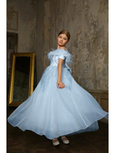 Официална дълга детска рокля Вивиан в светлосиньо с пера, камъчета и п