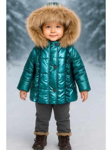 Детско зимно яке за момиче в зелено с качулка и къдрички
