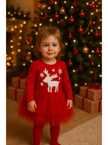 Коледна ватирана рокля с тюл в червено и елен в бяло