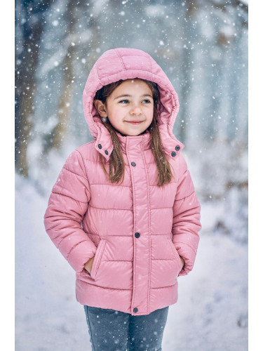 Детско зимно яке за момиче с качулка в светлорозово