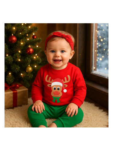 Ватиран бебешки коледен детски комплект в червено и зелено с елен