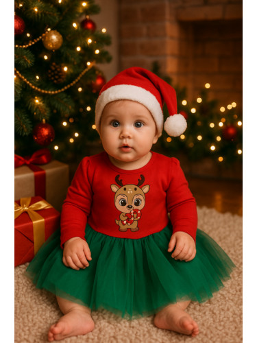 Коледна бебешка ватирана детска рокля с дълъг ръкав в червено и зелено