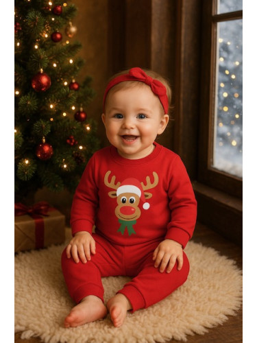Ватиран бебешки коледен детски комплект в червено с еленче 