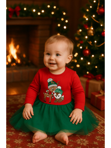 Коледна бебешка рокля в червено с тюл в зелено с елен