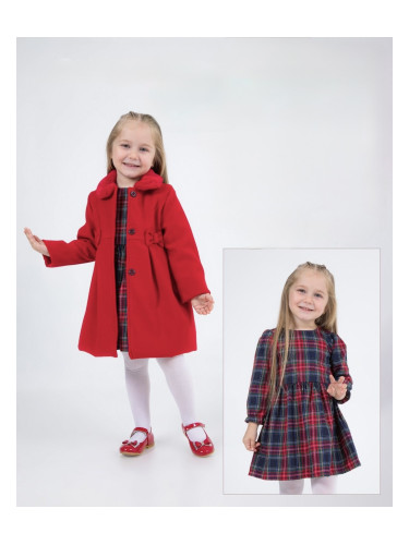 Комплект за момиче от 2 части-палто в червено и карирана рокля с дълъг