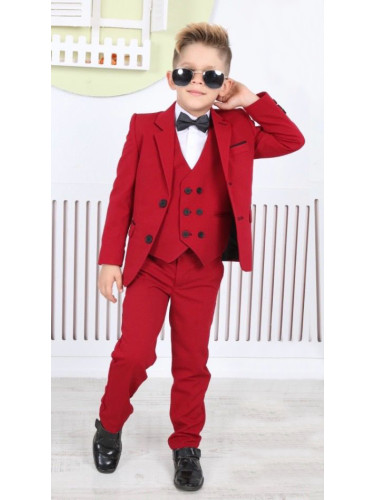 Официален костюм за момче от 5 части в червен цвят-сако, елек, пантало