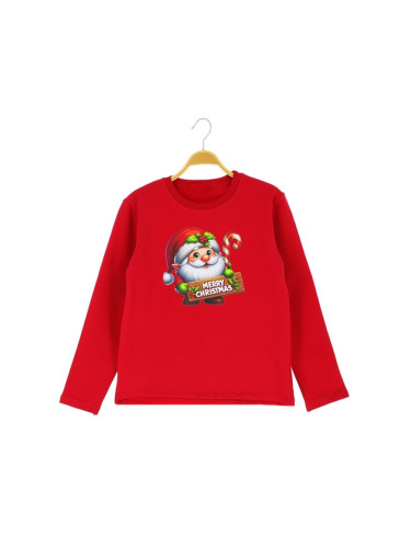Детска коледна ватирана блуза в червено с Дядо Коледа и надпис