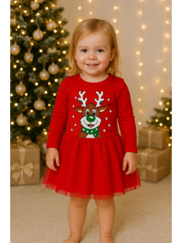 Ватирана бебешка коледна рокля Звън с еленче в червено и тюл
