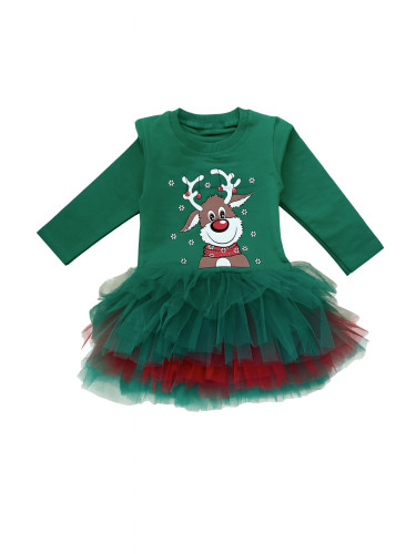 Ватирана бебешка детска коледна рокля в зелено с тюл и еленче Звън