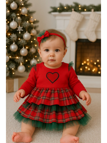 Коледна бебешка рокля с дълъг ръкав в червено с каре и тюл на етажи с 