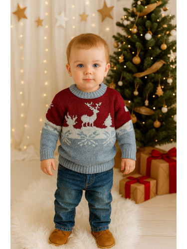 Плетен коледен пуловер с еленчета за момче