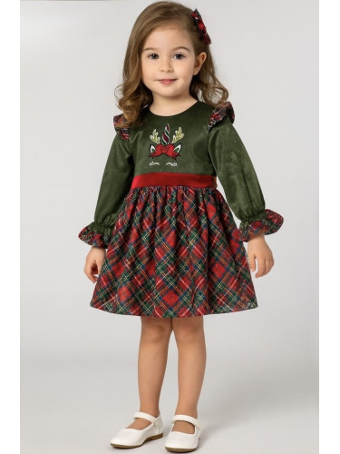 Детска коледна рокля с дълъг ръкав в зелено каре с каре Карена
