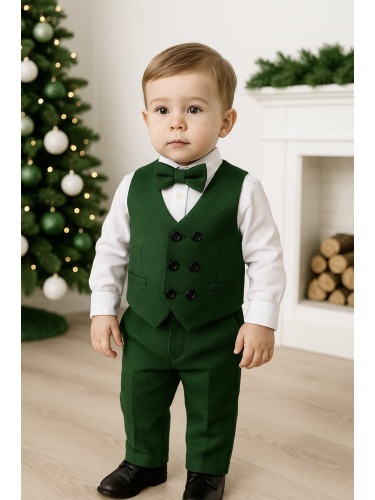 Официален комплект в зелено за момче от 4 части елек с два реда копчет