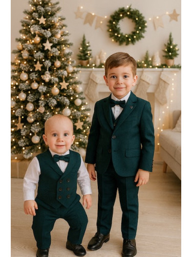 Официален детски костюм за момче от 5 части със сако в тъмнозелено