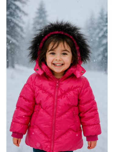 Детско зимно яке за момиче с качулка в циклама