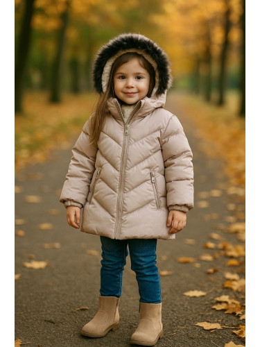 Детско зимно яке за момиче с качулка в бежово