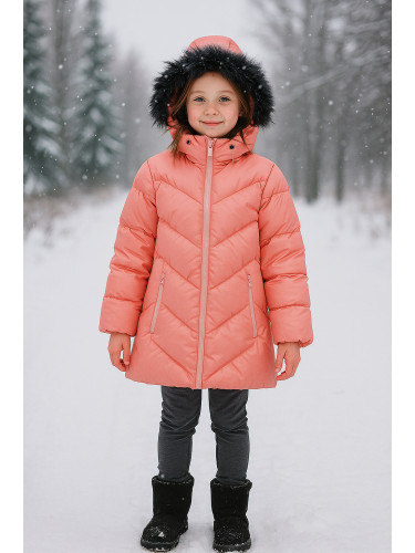 Детско зимно яке за момиче с качулка в цвят корал