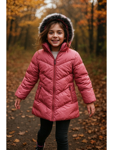 Детско зимно яке за момиче с качулка в корал