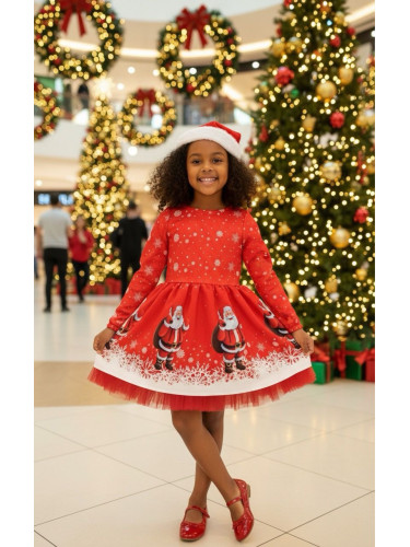 Коледна детска рокля с дълъг ръкав в червено с Дядо Коледа, коледни мо