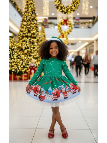 Коледна детска рокля с дълъг ръкав в зелено с Дядо Коледа, коледни мот