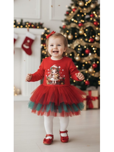 Ватирана бебешка детска коледна рокля в червено с тюл и коледна картин