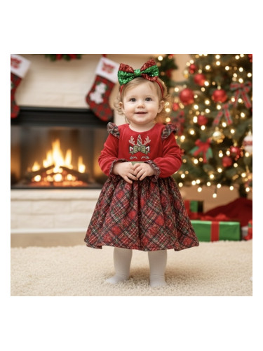 Детска/бебешка коледна рокля Карена с дълъг ръкав в червено каре с кар