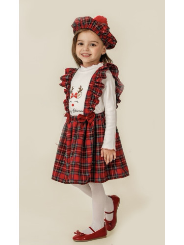 Коледен детски комплект за момиче от сукман в каре с панделки, блузка 