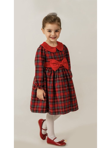 Детска коледна рокля за момиче в каре с яка в червено и червена пандел