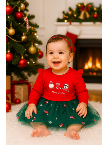 Коледна бебешка рокля в червено с тюл в зелено с коледни мотиви