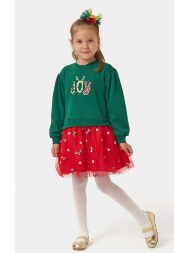 Детска коледна ватирана рокля в зелено с тюл в червено с коледни мотив