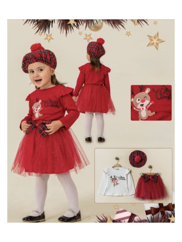 Коледен детски комплект за момиче пола, блузка в червено с еленче и ба