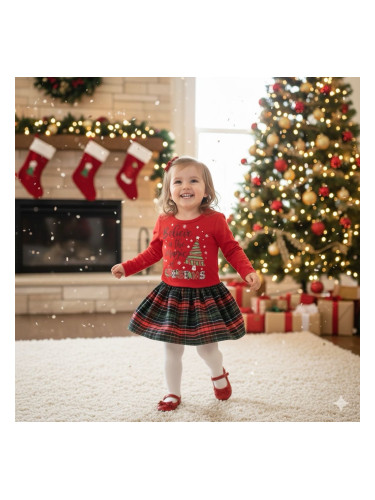 Коледна детска рокля в червено с каре с надпис Повярвай в магията на К