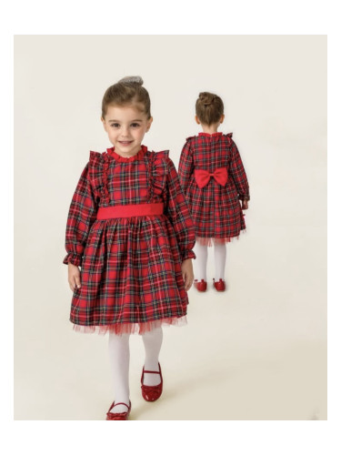 Детска коледна рокля Мир за момиче в каре с къдрички и панделка на гър