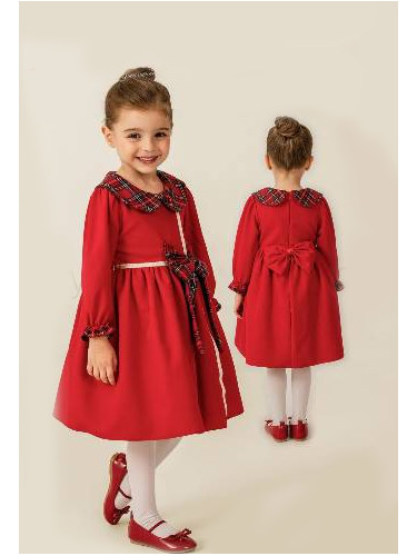 Коледна детска рокля в червено с яка в каре и панделка на гърба Карена