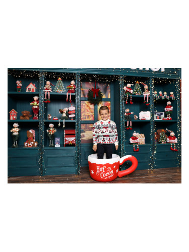 Детски коледен пуловер в бяло с коледни мотиви и надпис