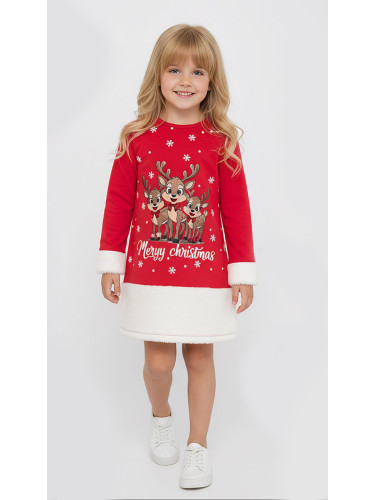 Коледна детска рокля в червено със сладка коледна картинка и надпис 