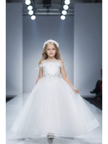 Дълга официална детска дълга рокля до долу в бяло без ръкав Шери с диа